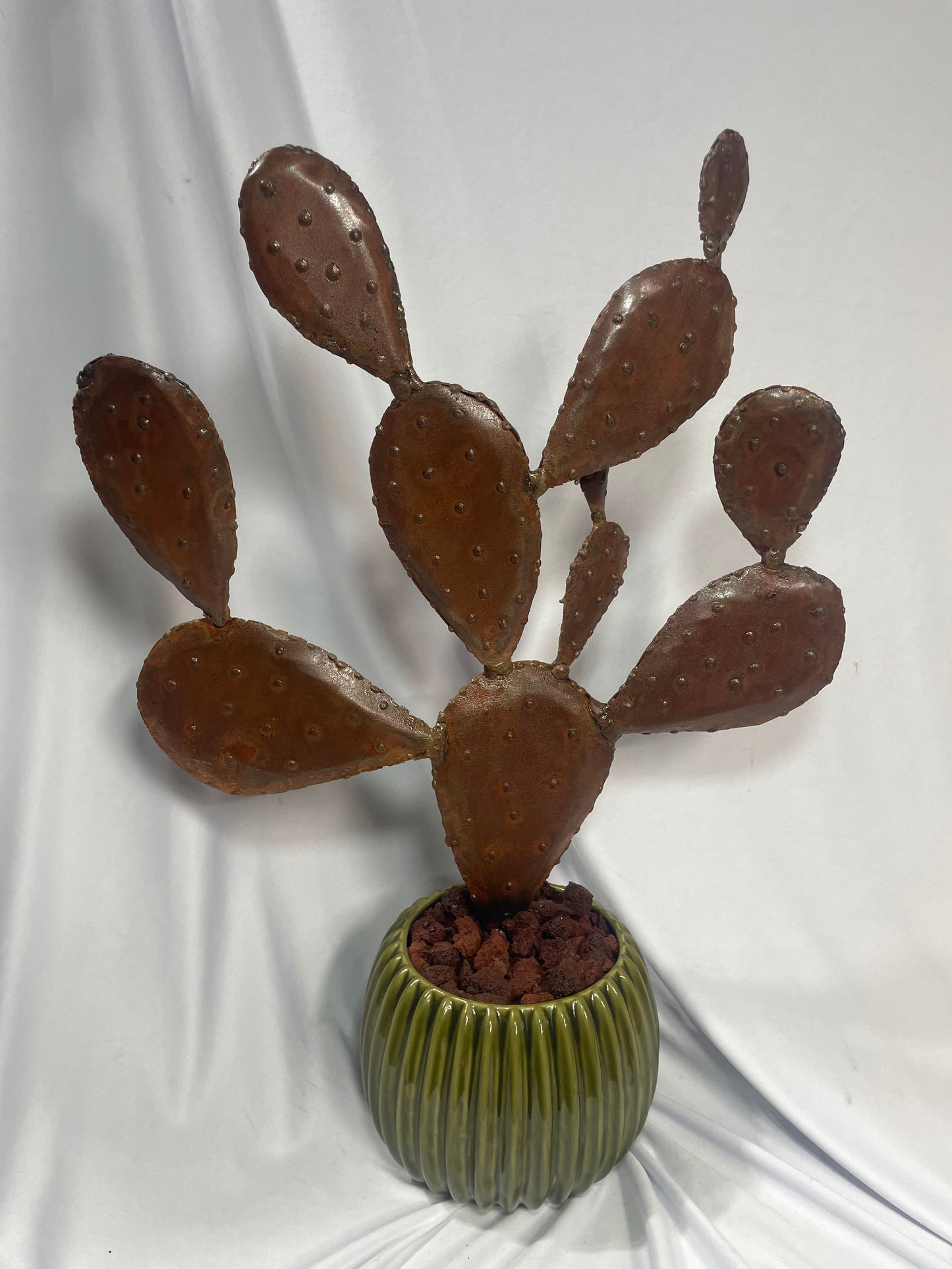 Handcrafted Steel Prickly Pear Cactus Sculpture in Ceramic Pot