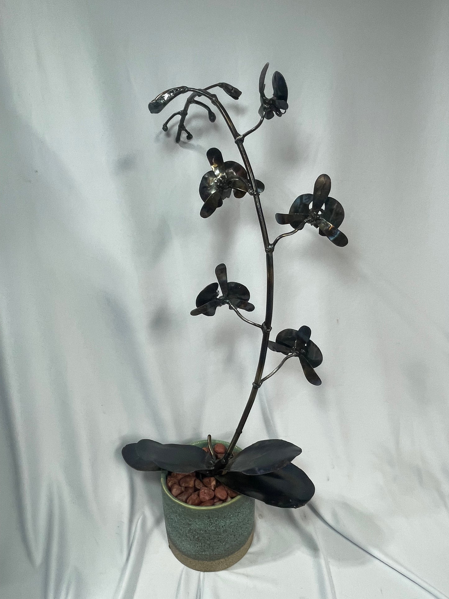 Handcrafted Steel Orchid Sculpture with Heat Patina