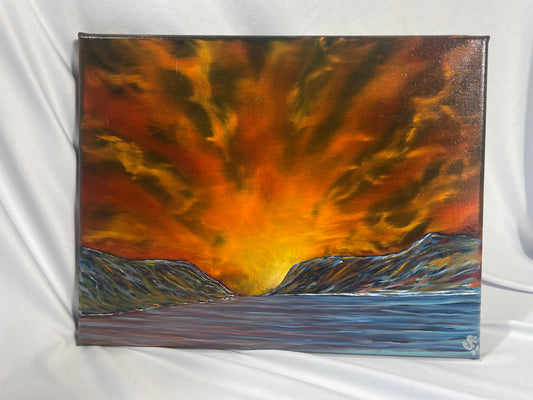 Fiery Sunset Over Water – 11” x 14” Hand-Painted Oil on Canvas”