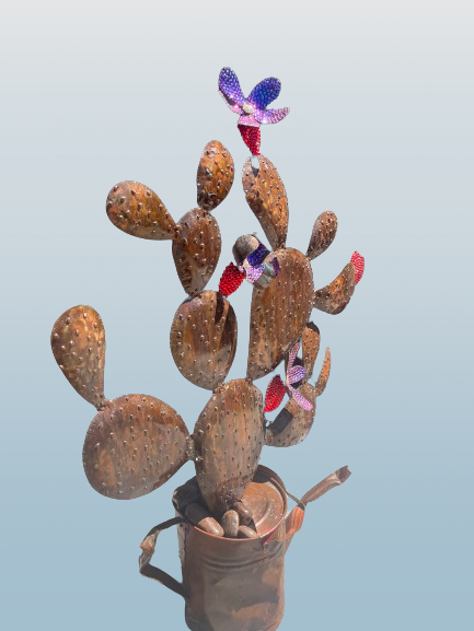 Custom Large Metal Cactus Sculpture In Pot Landscape Art