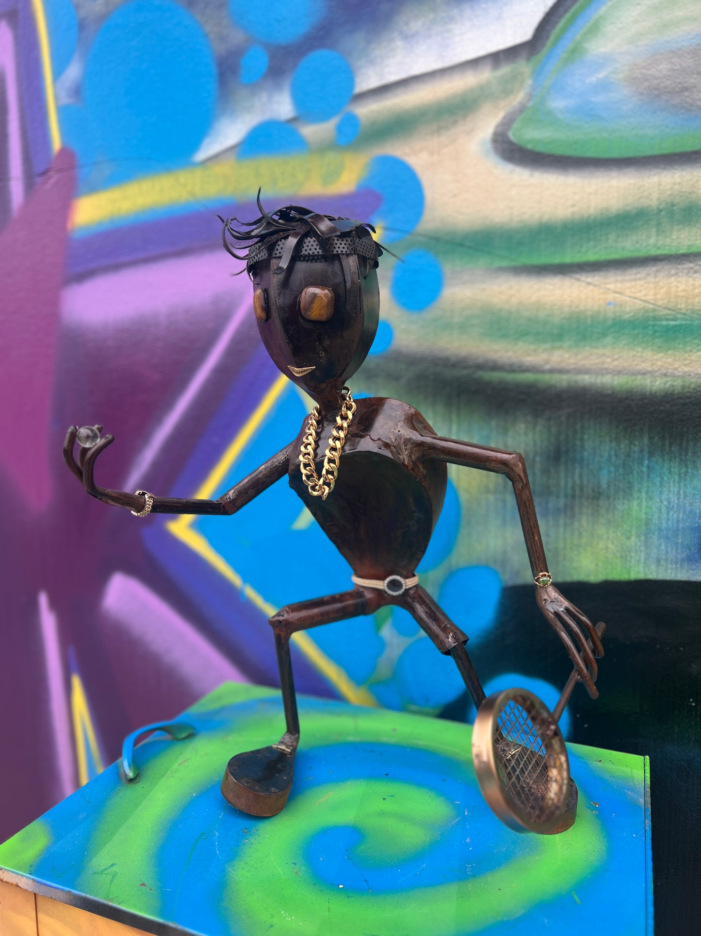 Custom Tennis Pro Alien Metal Art Sculpture