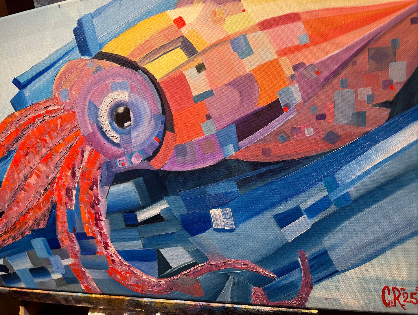 “Neon Depths” – Original 15x30 Cubist Oil Painting on Canvas