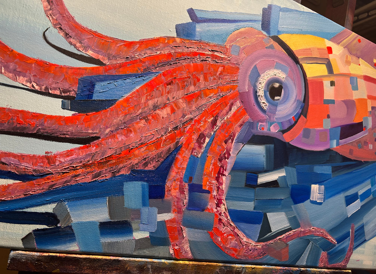 “Neon Depths” – Original 15x30 Cubist Oil Painting on Canvas