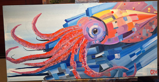 “Neon Depths” – Original 15x30 Cubist Oil Painting on Canvas