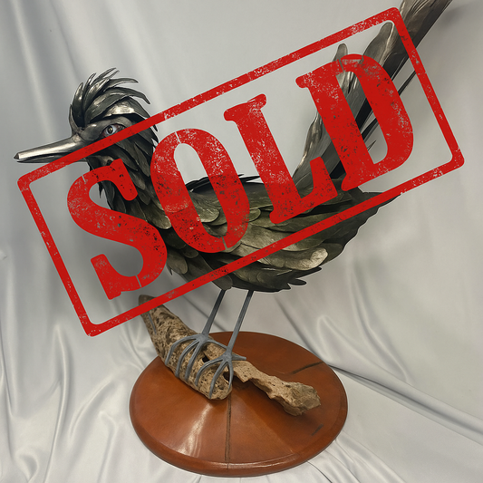 Handcrafted Steel Roadrunner Sculpture with Driftwood Perch