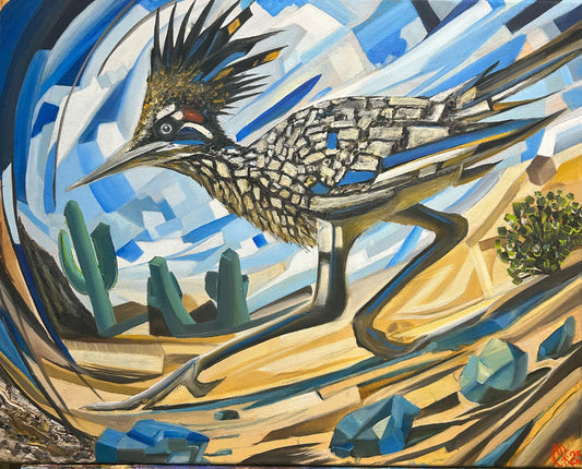 Oil on canvas desert roadrunner in motion 16 x 20 painting